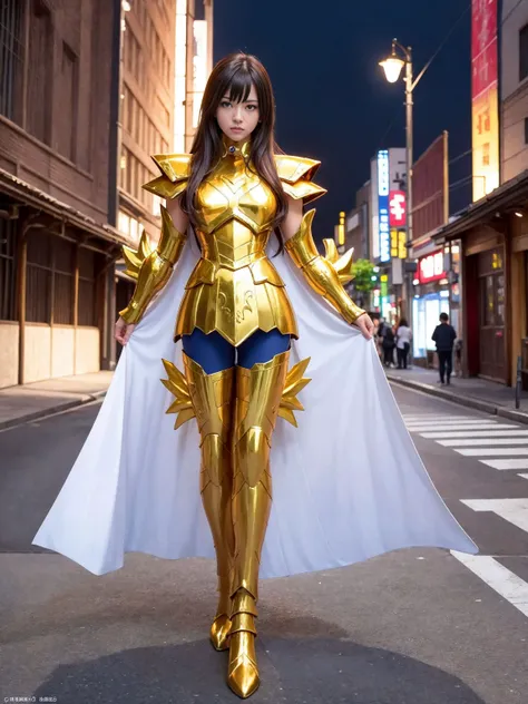 (8k, best quality, masterpiece:1.2), (realistic, photo-realistic:1.37), ultra-detailed, 1 girl,cute,standing, solo,beautiful detailed sky,  detailed face, detailed eyes,  golden Armor,streets of tokyo, white cloak ,   close up, <lora:saintSeiyaPisces_piscesarmor10:0.6>