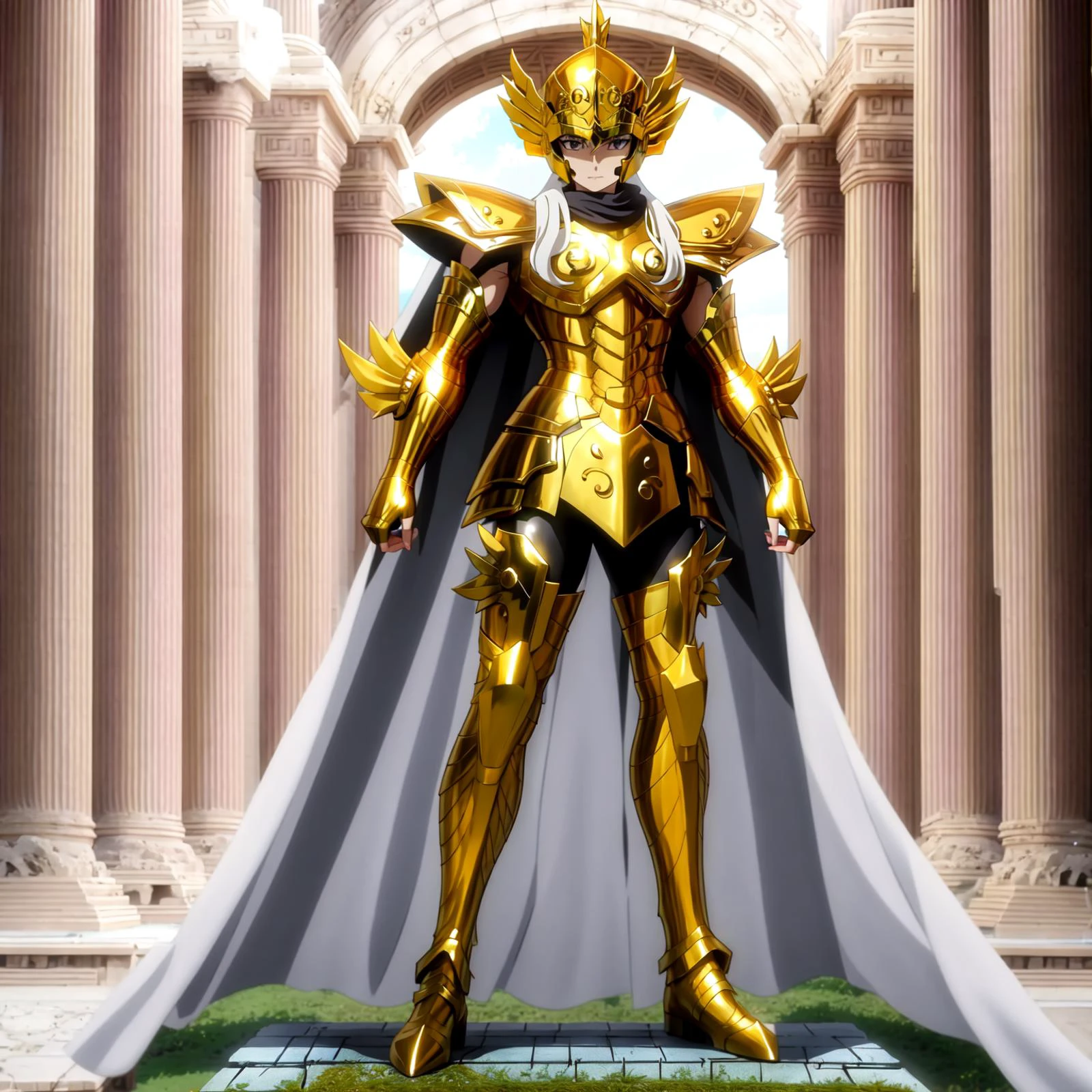 <lora:PiscesArmor:0.7>, masterpiece, best quality, masterpiece, detailed face, detailed eyes, full body, PiscesArmor, greek temple ruins, ((anime)), attack pose, helmet, cape,