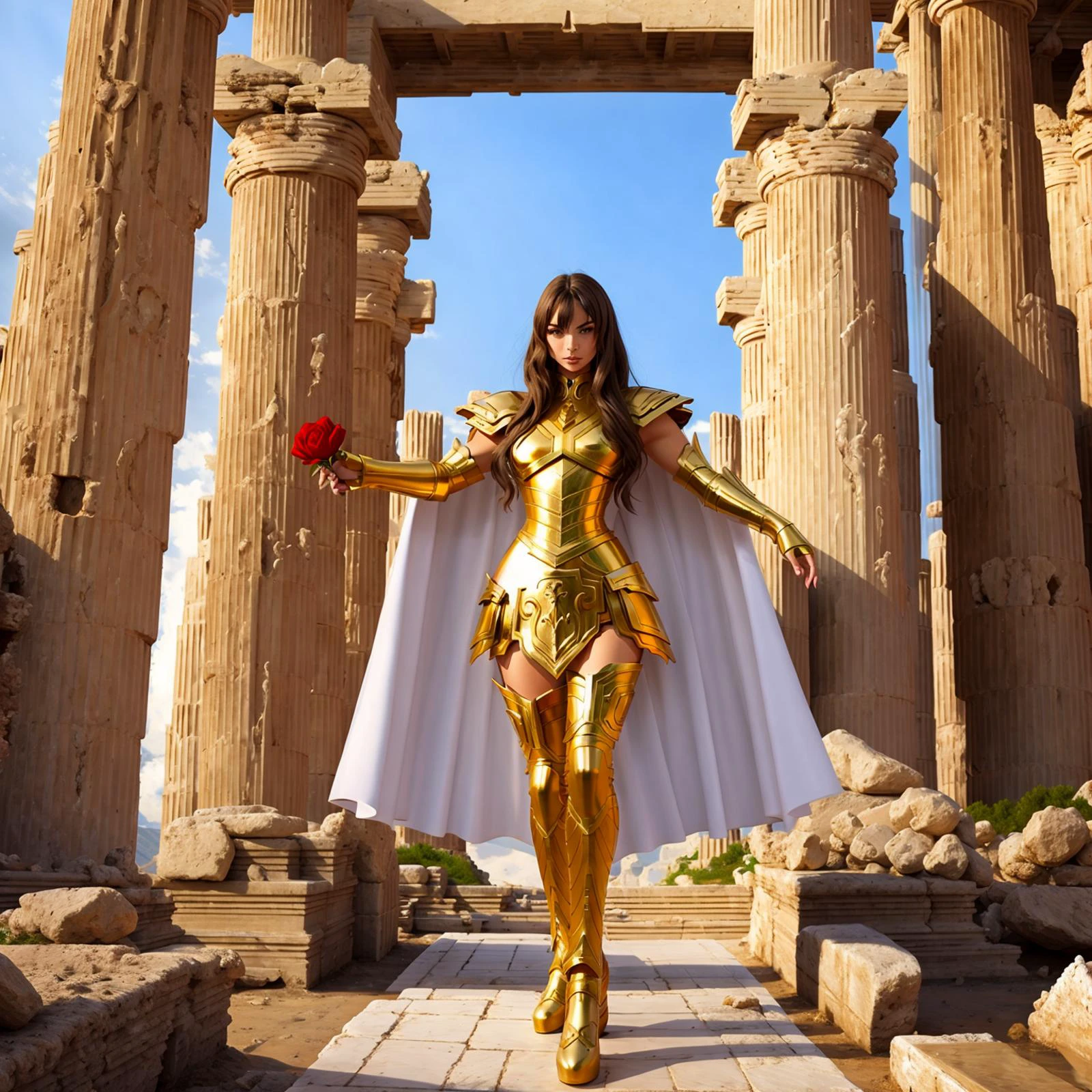 <lora:PiscesArmor:0.6>, masterpiece, best quality, masterpiece, detailed face, detailed eyes, full body, emily ratajkowski wearing golden female armor, white cape, Atlantis greek temple ruins, fight pose, red rose