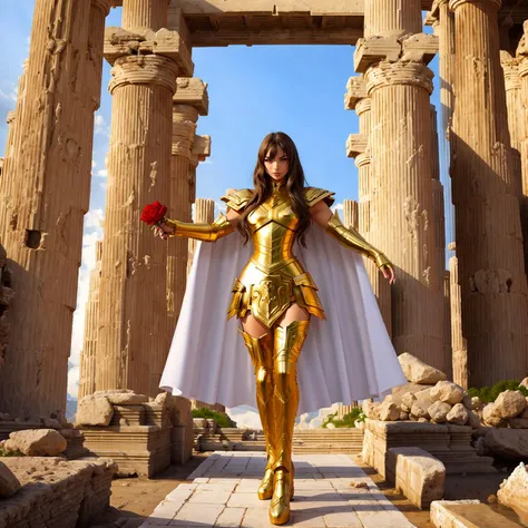 <lora:PiscesArmor:0.6>, masterpiece, best quality, masterpiece, detailed face, detailed eyes, full body,  emily ratajkowski wearing golden female  armor, white cape, Atlantis  greek temple ruins, fight pose, red rose