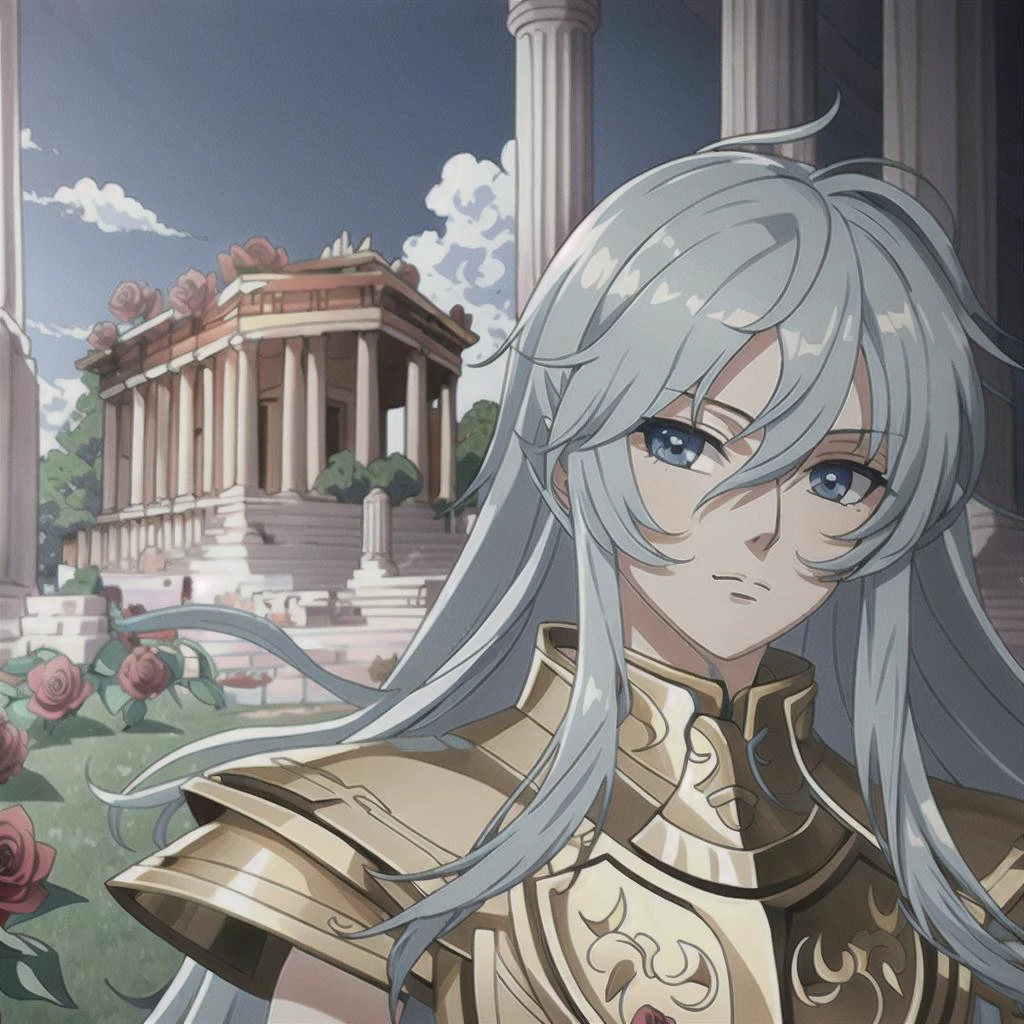<lora:PiscesArmor:0.8>, masterpiece, best quality, masterpiece, detailed face, detailed eyes, sketch art, full body, man wearing golden armor, long blue hair, field of roses in greek temple, ((anime))