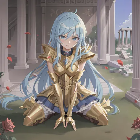 <lora:PiscesArmor:0.7>, masterpiece, best quality, masterpiece, detailed face, detailed eyes, full body, seductive face, girl wearing golden armor, long blue hair, field of roses in greek temple, ((anime))