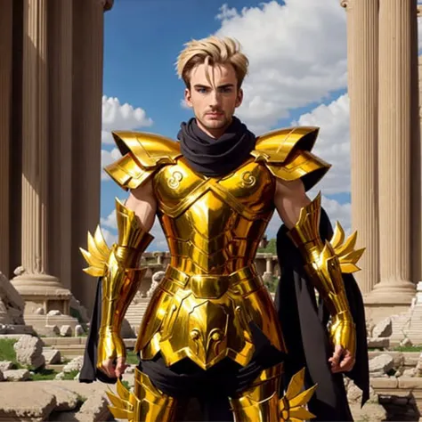 <lora:PiscesArmor:0.7>, masterpiece, best quality, masterpiece, detailed face, detailed eyes, full body, Chris Evans wearing golden armor, black scarf, Atlantis greek temple ruins, fight pose, red atack