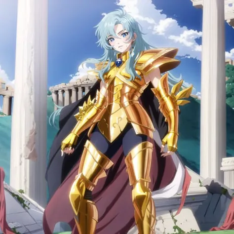 <lora:PiscesArmor:0.7>, masterpiece, best quality, masterpiece, detailed face, detailed eyes, full body,  Timothe Chalamet wearing golden armor, long blue hair, Atlantis  greek temple ruins, ((anime)), mole under eye