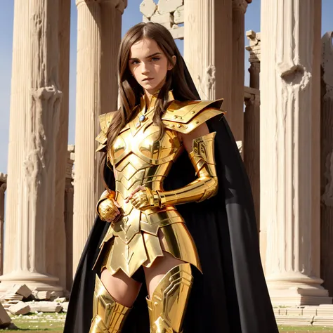 <lora:PiscesArmor:0.65>, masterpiece, best quality, masterpiece, detailed face, detailed eyes, full body, Emma Watson wearing sexy golden Armor, greek temple ruins in the shore, attack pose, cape,