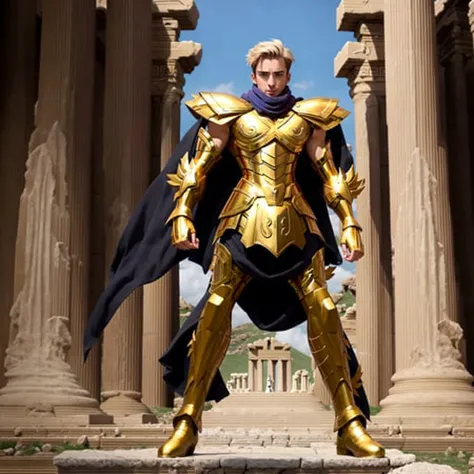 <lora:PiscesArmor:0.7>, masterpiece, best quality, masterpiece, detailed face, detailed eyes, full body, Chris Evans wearing golden armor, black scarf, Atlantis greek temple ruins, fight pose, red atack