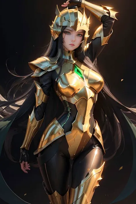 photorealistic, masterpiece, best quality, 1girl, perfect face, looking at viewer, hands in the air, skin tight transparent vinyl, very long black hair, green eyes, pale skin, <lora:PiscesArmor:0.3>, piscesarmor, gold armor with white part, armor, helmet, lineart, dimly lit, low key,sharp focus, octane,backlighting