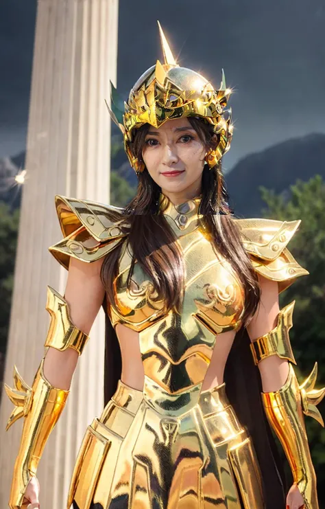 (realistic, photo-realistic:1.37),(8k, RAW photo, best quality, masterpiece:1.2),best quality,photo,Nikon camera,35mm lens,black hair,brown eyes :1.1),1girl,((jiangshuying)),smile,hair bangs,long hair,(cleavage:1.2),piscesarmor,simple background,looking at viewer,(depth of field, blurry background, bokeh:1.3),armor,golden shinning armor,reflection armor,helmet,(extremely bright backlight:1),(The Greek Temple In the desert),ultra wide angle,dynamic angle,ultra-detailed,physically-based rendering,ultra high res,front lighting,looking at viewer,solo,best quality,extremely detailed face,extremely detailed eyes and face,beautiful detailed eyes,incredibly absurdness,<lora:PiscesArmor:0.7>,<lora:jiangshuyingV277:0.8>,