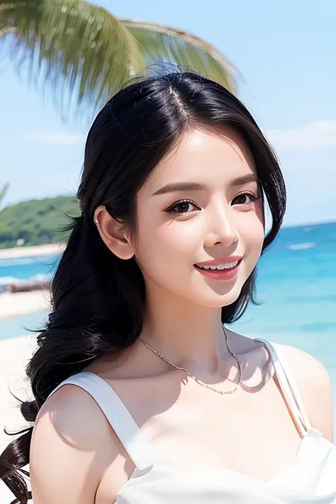 A photograph of a girl in white dress, small waist, looking at the viewer, smiling, beach background, raw photo, natural lighting, hyperrealistic, Photorealism, (masterpiece, 8k uhd, HDR, extreme detailed, intricate details, best quality, professional, vivid colors), stunningly beautiful, extremely detailed face, beautiful, Canon50, dslr, ((high quality)), 1girl, 1woman, <lora:djmieV1.2:0.8>, djmie
