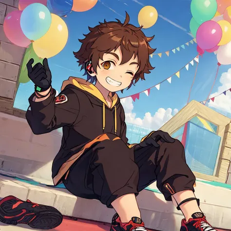 masterpiece, best quality,CG,ultra detailed,high saturation,(cinematic lighting:0.4),Ray tracing,(lens flare:0.5),beautiful detailed glow,reflected light,dynamic angle,1boy,tianmanguang,solo, looking at viewer, smile, 1boy, brown hair, one eye closed, smile, solo, balloon, headset, brown eyes, pointing, looking at viewer, grin, pointing at self, ahoge, ;\), idol,gloves, sitting, male focus, shoes,pants, hood, hoodie, black gloves, wristband, sneakers, graffiti, black jacket, black pants, school uniform