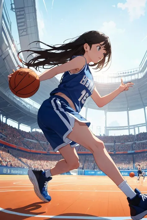 female basketball player, wearing basketball uniform,
(playing three on three, running around furiously, dribble a basketball),
in basketball court, daytime, sunshine, navel,
(extremely dynamic scene of dunk shot), (dynamic effects, speed effects:1.2), (dynamic hair:1.2),
(view from directly side below:1.5), (fisheye lens),
masterpiece, crisp image,
finely detailed body, finely detailed hair, finely detailed face, finely detailed eyes,
highly detailed background,
<lora:ashidamana_lora-05:0.5>,