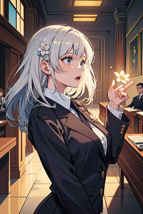 1 female lawyer, fights with prosecutor in court,
with sense of justice and dignity, simple suit, lawyer badge, small white flower hair ornament,
unprecedented grand debate fills the courtroom with a strange atmosphere,
moment when she points ahead and completely refutes,
shouting, persuading, powerful oratory,
power and pressure of speech,
onlookers hold their breath,
on attorney's seat, in solemn supreme court,
from side,
(dynamic effects)
(masterpiece), (best quality)
highly detailed background,