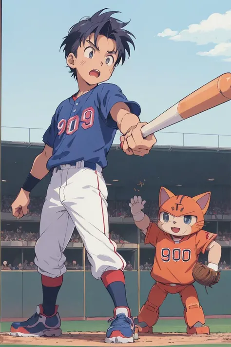 (90s anime style, animation cel:1.3),
passionate and cheap anime, active boy playing baseball with cat shaped robot,
boy is standing in the batter's box at baseball field,
(cat robot is standing very close to boy:1.2),
boy is holding bat and glaring ahead to pitcher,
simple image, old fashioned image,