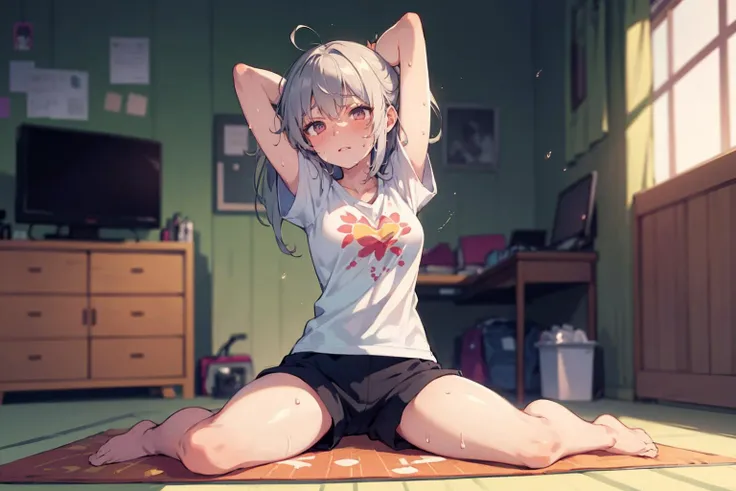 stoic woman, solo, flat chest, print shirt, shorts,
(arms stretch, sitting on mat),
straining, sweating, breathing, fatigue, positive feeling, (female pheromones haze),
her private room, motion blur,
masterpiece, ultra quality, hi-res, finely face