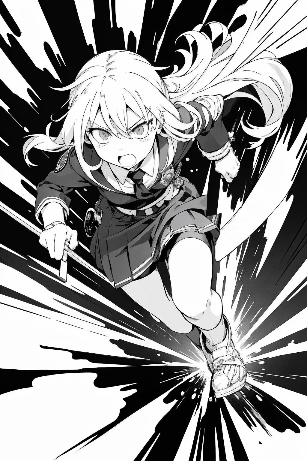 justice heroin running at mach speed, on city road,
long hair, school uniform, whip, police badge,
masterpiece, best quality, (India ink line art:1.3), shonen,