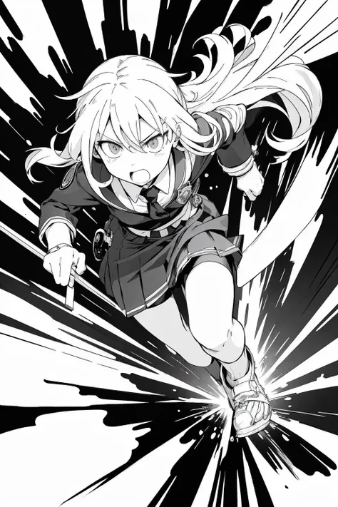 justice heroin running at mach speed, on city road,
long hair, school uniform, whip, police badge,
masterpiece, best quality, (India ink line art:1.3), shonen,