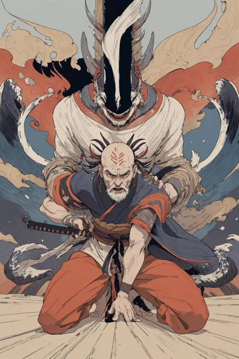 centipede spirit rampages in old temple,
samurai old man, beard, simply plain kimono,
samurai gets down on one knee and put sword in sheath,
spirit standing near samurai,
(spirit looks up and gives scream:1.3),
(masterpiece), (best quality), (extremely detailed), (vivid colorful image),
crisp image, sharp image, clear image, vivid image,
ultimately detailed background,