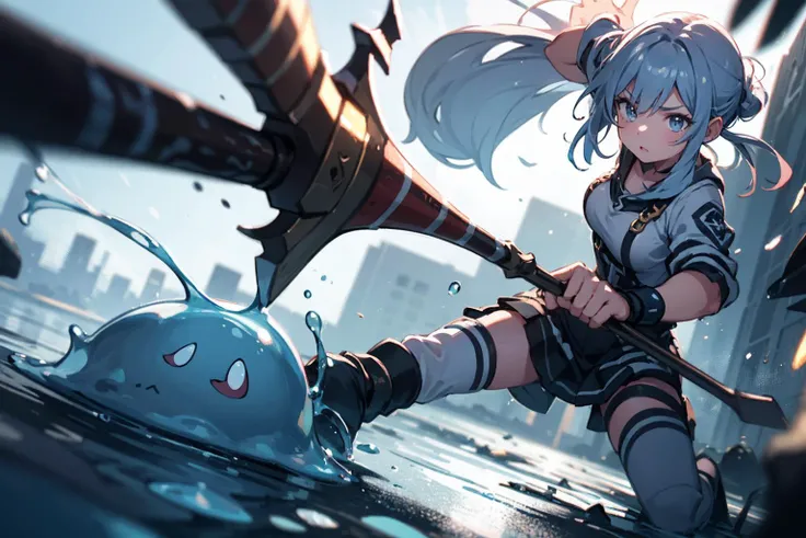 absurdity, hi-res, ultra detailed,
1girl, hand-axe, fight against slime,
outdoor, low-angle shot, motion blur