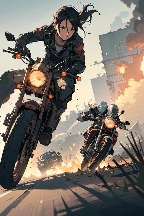 mad maniac female is riding on modified old motorbike,
extremely leaning forward and holding handle,
motorcycle runs on enemy territory, speed of sound, (bank angle, after fire, wheel blur, wheel smoke, dust, spark, haze, blast, drift),
many bandit cars and motorbikes in her back, (chaotic car chase),
innocent smile,
at abandoned desert city, daytime, sunshine,
(dynamic effects:1.4), (speed lines), (dynamic hair), (post apocalypse:1.2), depth of field,
(masterpiece), (best quality), (extremely detailed), (ultra realistic),
crisp image, sharp image, clear image, vivid image,
detailed motorcycle, finely detailed background,