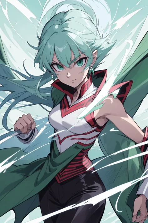 androgynous elegant man, trans woman, legendary wind wizard, he uses great magic to fight devils,
green sage robe and pants, magic emerald's wand, emerald green eyes,
gentle and compassionate smile, magic of vacuum tornado,
in demon's palace, annihilates demons,
action effects, dynamic effects, dynamic hair,
masterpiece, best quality, extremely detailed, (go nagai:1.4),
crisp image, sharp image, clear image, vivid colored image,
detailed body, detailed hair, detailed face, detailed eyes,
highly detailed background,