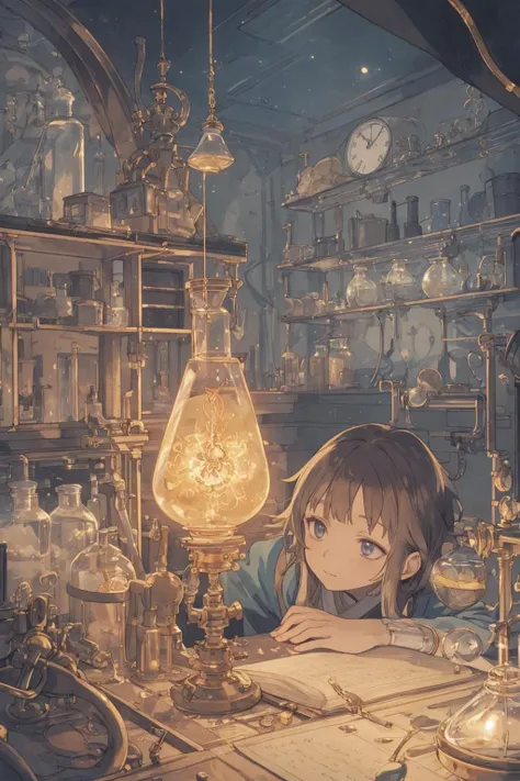 alchemist is studying magic, in laboratory filled by  mechanical devices,
inside of the flask is shining like the sun and brightly illuminate the room, 
at midnight, in laboratory, 
masterpiece, best quality, extremely detailed, (yoshitaka amano:1.5),
crisp image, sharp image, clear image, vivid colored image,
(finely detailed face, finely detailed eyes), (finely detailed hair),
ultimately detailed background,