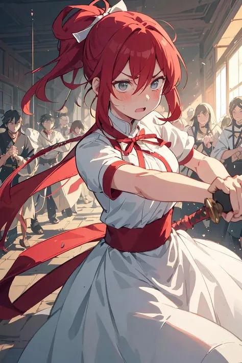 1 woman, mobs,
female swordsman performs sword dance, dual wielding,
woman wearing guards clothes, cross-dressing, manly superiority, dignified, beautiful, red ribbon on head,
BREAK she praised by many naughty mobs, woman swings swords at uncool with both hands,
woman is angry blush, moist eyes, mobs praising her,
in royal training room, daytime, sunshine,
dynamic action, dynamic hair,
(masterpiece), (best quality), (extremely detailed),
crisp image, sharp image, clear image, vivid image, noiseless image,
highly detailed background,