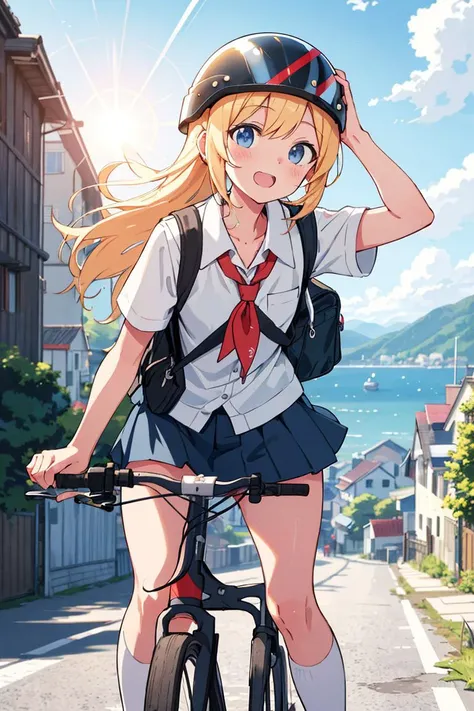 active school girl, slice of life,
uniform, school bag, helmet,
ride on bicycle on road, go down slope,
daytime, midsummer sunshine, mountain, fishing port town, sea, in rustic town,
wind, freshness, dynamic hair, speed effects, wheel blur,
(masterpiece), (best quality), (extremely detailed), shojo,
crisp image, sharp image, clear image, vivid colorful image,
highly detailed background,