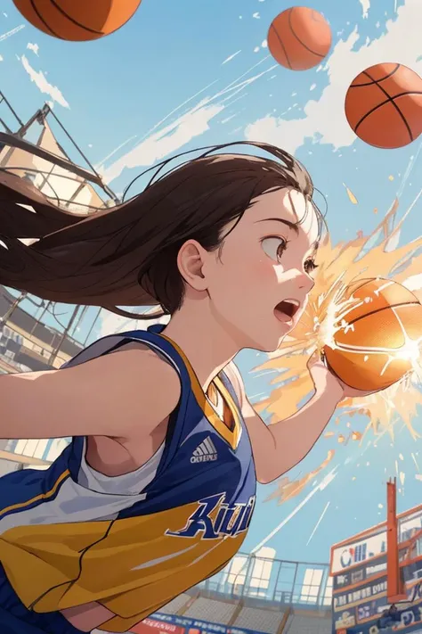 female basketball player, wearing basketball uniform, 
(playing three on three, running around furiously, dribble a basketball),
in basketball court, daytime, sunshine, navel,
(extremely dynamic scene of dunk shot), (dynamic effects, speed effects:1.2), (dynamic hair:1.2),
(view from directly side below:1.5), (fisheye lens),
masterpiece, crisp image, 
finely detailed body, finely detailed hair, finely detailed face, finely detailed eyes,
highly detailed background, 
<lora:ashidamana_lora-05:0.5>,