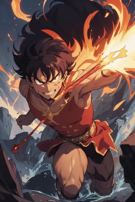 strength male, brown man, legendary earth wizard, he uses great magic to fight devils,
ocher earth corselet, magic topaz's wand,
rage and rage smile, magic of ground liquefaction,
in demon's palace, annihilates demons,
action effects, dynamic effects, dynamic hair,
masterpiece, best quality, extremely detailed, (go nagai:1.3),
crisp image, sharp image, clear image, vivid colored image,
detailed body, detailed hair, detailed face, detailed eyes,
highly detailed background,