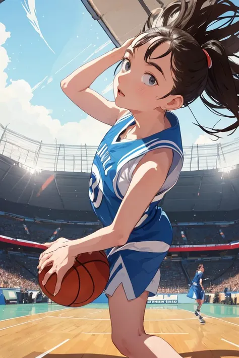 female basketball player, wearing basketball uniform, 
(playing three on three, running around furiously, dribble a basketball),
in basketball court, daytime, sunshine, navel,
(extremely dynamic scene of dunk shot), (dynamic effects, speed effects:1.2), (dynamic hair:1.2),
(view from directly side below:1.5), (fisheye lens),
masterpiece, crisp image, 
finely detailed body, finely detailed hair, finely detailed face, finely detailed eyes,
highly detailed background, 
<lora:ashidamana_lora-05:0.5>,