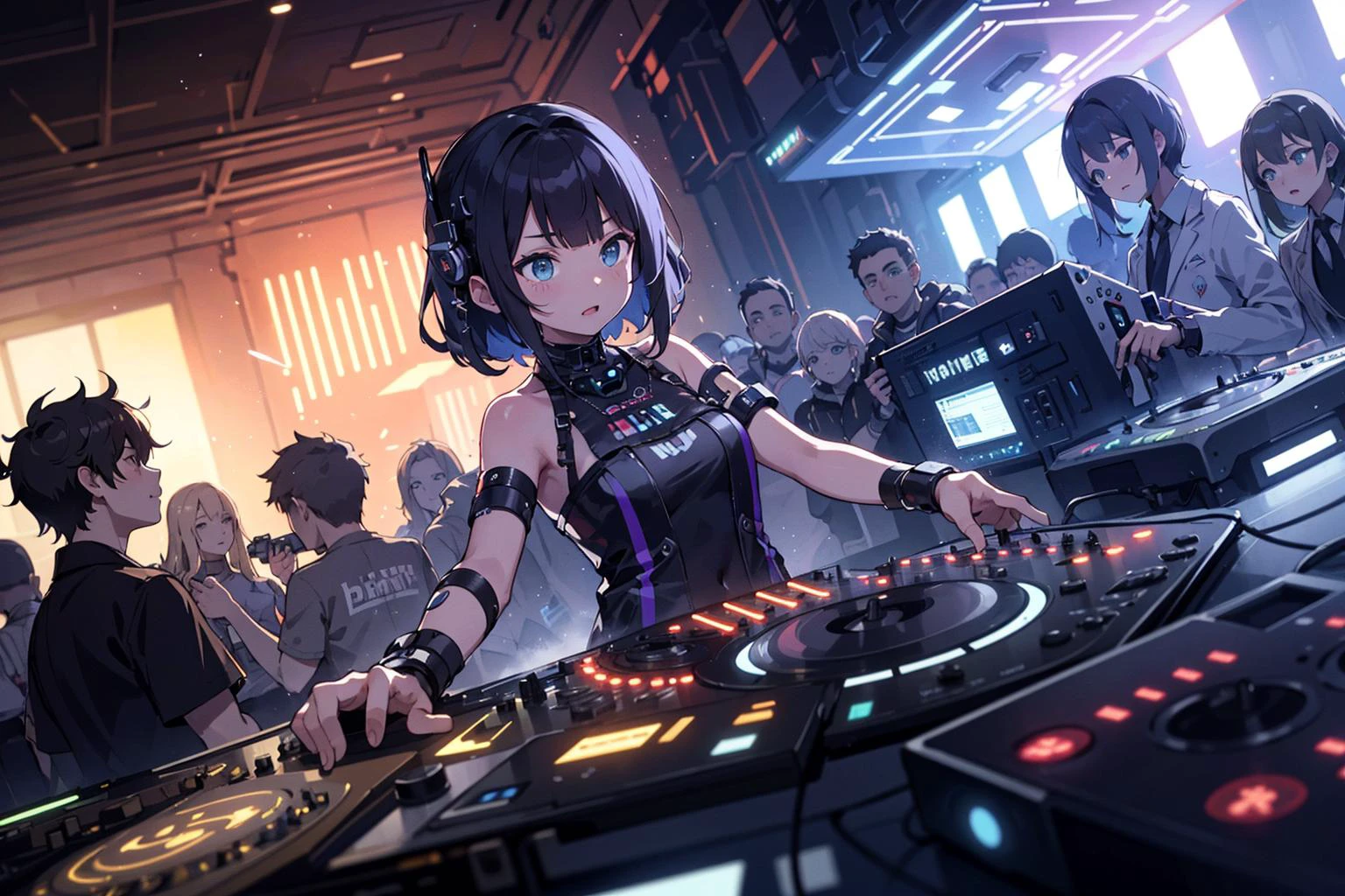 super DJ girls, DJ battle of pride,
divine scratch work, techno hardcore style, inhuman rhythm sense,
shift to subspace, (in ultra advanced technology club of future),
masterpiece, ultra quality, hi-res, epic club background, dutch angle, depth of field