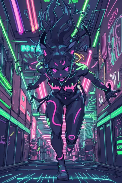 frenzy cat woman is running and threatening to viewer in her server room,
masterpiece, best quality,
(neon-line-art, highly brightness neon tubes:1.5), luminous body parts,
highly detailed background