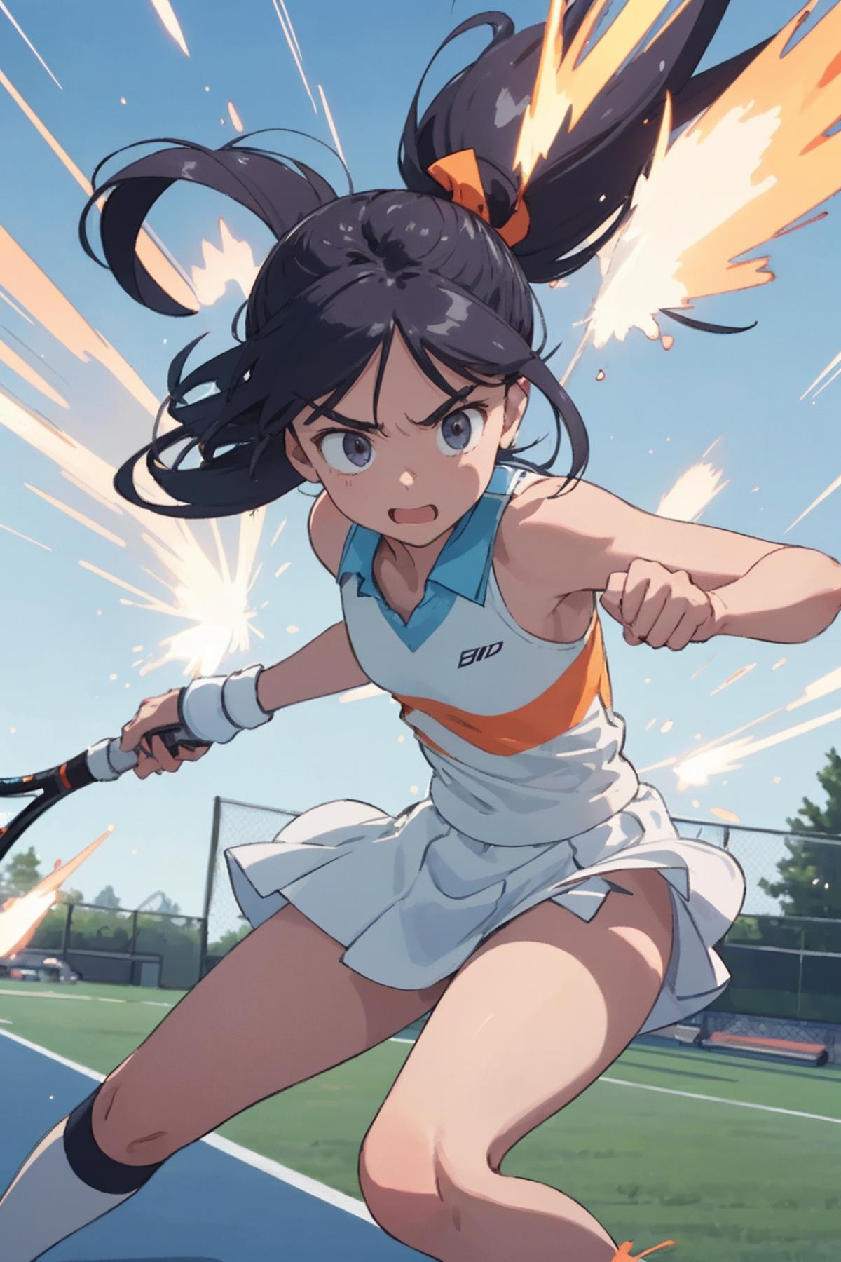 Depression Anime Racket Sport Anime girl playing tennis with fire coming out of her racket - SeaArt AI