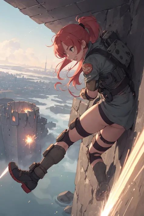 (1 female spec ops is climbing desperately at outer wall of fortress:1.3),
giant fortress floating in above of sky,
fortress is bombing the ground city with cannon,
city was big exploded below,
she's having a blast,
(motion effect and lines:1.3), (impact effect:1.3), (dynamic hair),
full body, from above,
(masterpiece), (best quality), (extremely detailed), (vivid colorful image), (shonen),
crisp image, sharp image, clear image, vivid image,
ultimately detailed skyscrapers,