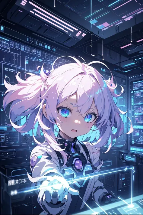 cyber princess, little clumsy,
she is floating as zero gravity, in core sector of highly advanced tech network,
pointing to translucent tablet and operating console,
she does network maintenance with troublesome face, disgusted face,
revolution of electrons around her, light powder, messy hair,
electronic board wall with led, console screen shown on display, haze, blurry, particle,
unreal and spectacular background with depth, (special effects, dynamic effects, dynamic hair),
(masterpiece), (best quality), (extremely detailed), (kawaii character:1.2),
crisp image, sharp image, clear image, unreal image,
super detailed background,