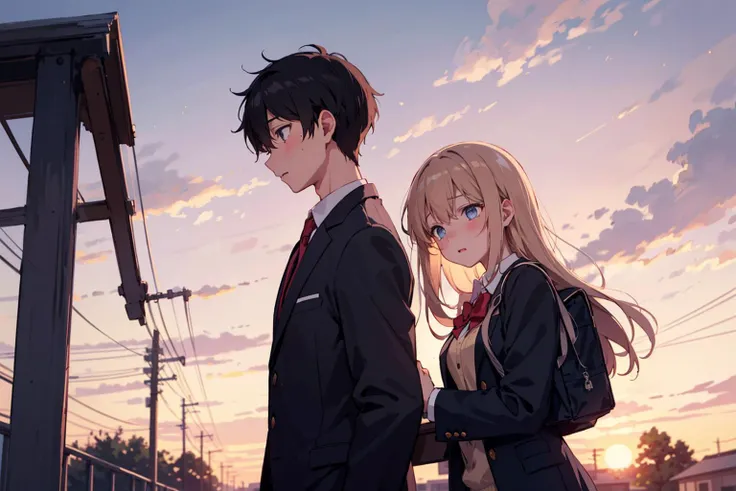 love confession from boy to girl, classmate,
after school, at dusk,
emotional background,