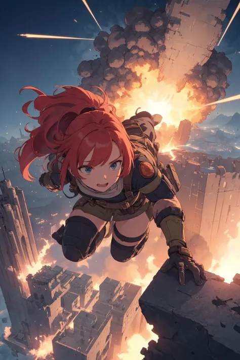 (1 female spec ops is climbing desperately at outer wall of fortress),
giant fortress floating in above of sky,
fortress is bombing the ground city with cannon,
city was exploded below,
she survives the blast,
(action effect:1.2), (impact effect:1.2), (dynamic hair),
full body, from above,
(masterpiece), (best quality), (extremely detailed), (vivid colorful image), (shonen),
crisp image, sharp image, clear image, vivid image,
ultimately detailed skyscrapers,