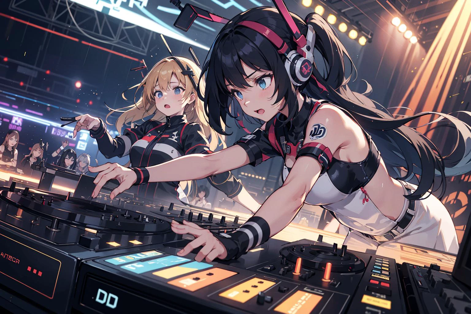 DJ multiple girls in DJ battle, turntables,
divine scratch work, techno hardcore style, inhuman rhythm sense,
shift to subspace, in hyper advanced technology club of future, outdoor,
masterpiece, ultra quality, hi-res, dutch angle, epic background,