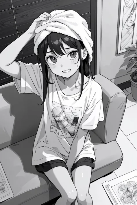 childhood girlfriend is sitting with crossed legs on sofa, wet hair,
t-shirt and shorts, (she holds towel on her head),
chatting with viewer happily, laughing,
she is unsuspecting,
in living of her home, after taking a bath,
from above,
masterpiece, best quality, extremely detailed,
(bw manga, line drawing:1.4),
highly detailed background,