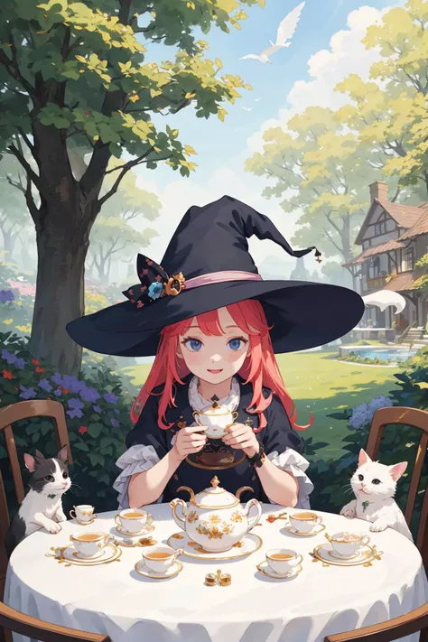 cute witches and animals enjoying tea party,
in sky garden,
(masterpiece), (best quality), (extremely detailed), (vivid colorful image),
crisp image, sharp image, clear image, vivid image,
ultimately detailed background,