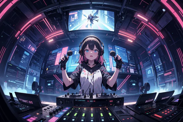 DJ girl, DJ battle of pride,
divine scratch work, techno hardcore style, inhuman rhythm sense,
shift to subspace, in hyper advanced technology club of future, outdoor,
masterpiece, ultra quality, hi-res, epic landscape