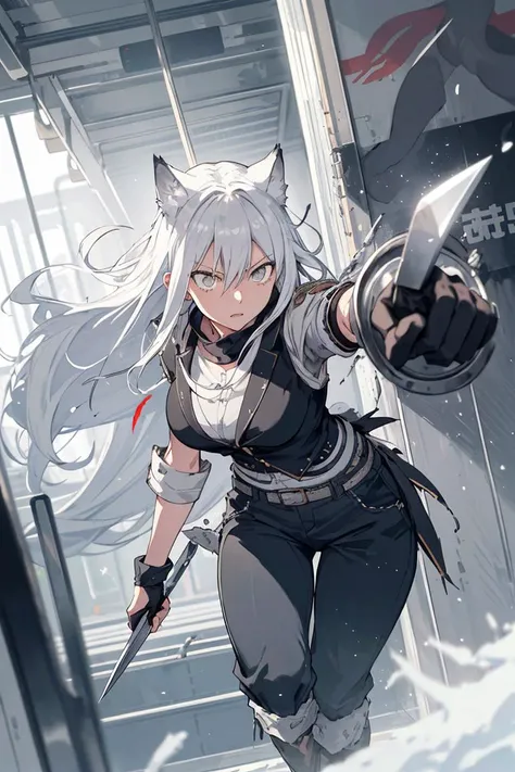 silver wolf woman, pants, executioners is clinging on train, holds knife with one hand,
she is aiming for prey inside train,
train is running with high speed,
in slam town, in panic,
depth of field,
(masterpiece), (best quality), (extremely detailed),(high speed camera), (shonen anime),
crisp image, sharp image, clear image, vivid image,
highly detailed background, epic landscape