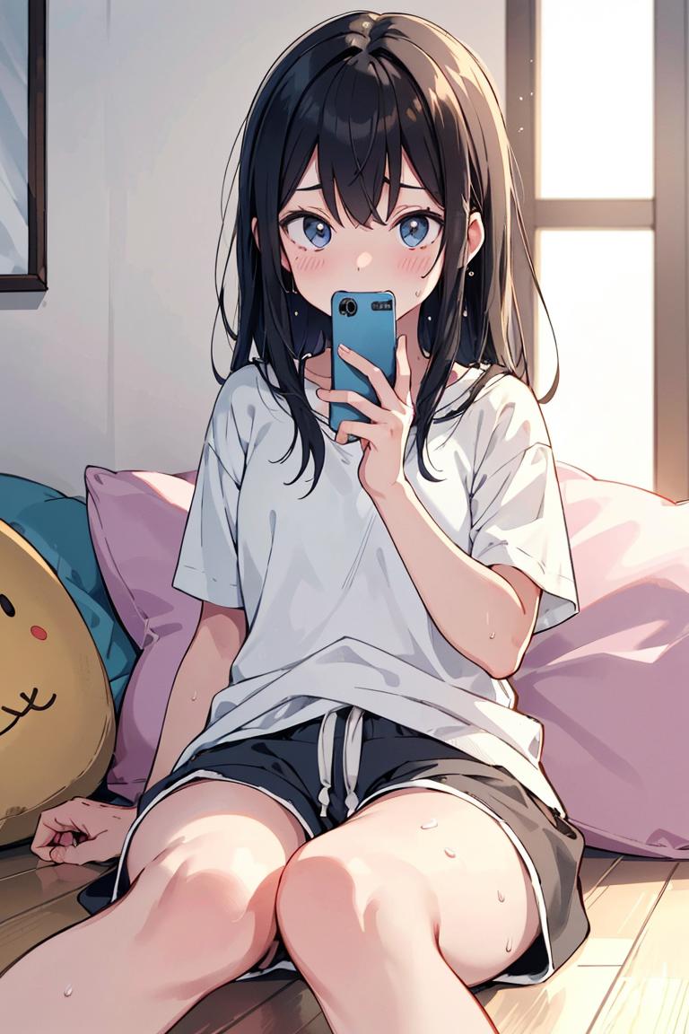 Anime girl sitting on a bed holding a cell phone - SeaArt AI
