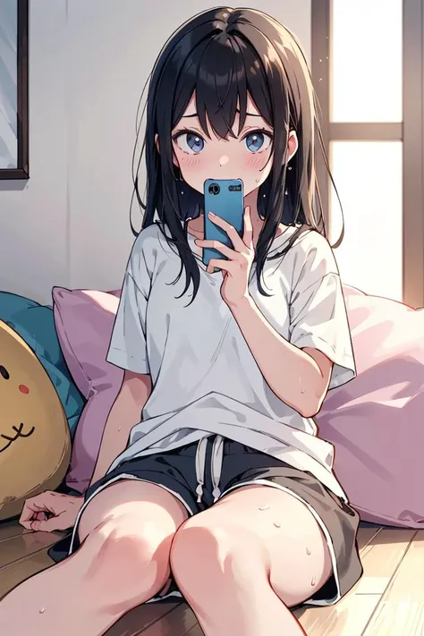 kawaii childhood friend, room clothes, lounge shorts, sitting on floor,
using smartphone while talking, she is staring at smartphone,
sweat, heavy breathing, anticipation, impatience, anxiety, embarrassment, pretending calm,
awkward smile, feeling of tension,
in her room, from below,
(dynamic effects, dynamic hair),
(masterpiece), (best quality), (extremely detailed), depth of field,
crisp image, sharp image, clear image, vivid image,
highly detailed background,