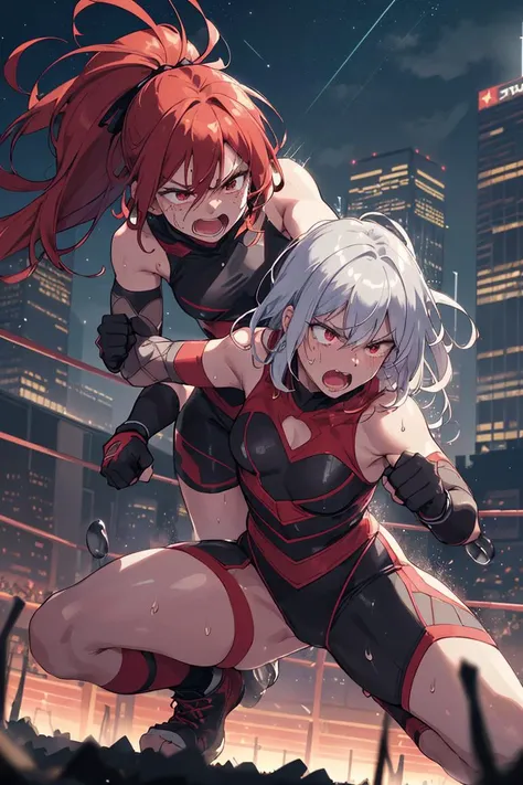 2 women, professional wrestling match, slender, flat chest,
fierce battle to the death, (2 women exchange of ground techniques),
physical combat, fierce battle, heat, sweat, droplets, endures,
overflowing fighting spirit and anger, scream, roar,
BREAK in public, outdoor special wrestling stage, in big city, large crowd, cheers,
silver-hair, red-hair,
venue is filled with excitement. audience goes wild, venue is hot,
(indomitable spirits, energetic feeling, dynamic effects), dynamic hair, sparkling and bright ring stage,
at night, flashy brightly lights, starry sky, skyscrapers, night lights, highly detailed landscape,
(masterpiece), (best quality), (extremely detailed), (highly presence image),
crisp image, sharp image, clear image, vivid image, noiseless image,
detailed body, highly detailed background,