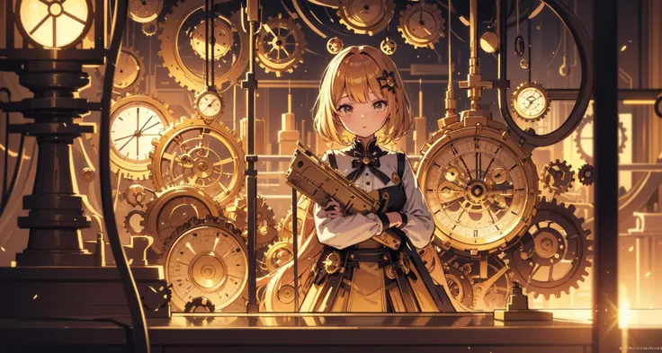 girl in elaborate golden clock manufacturing,
filled with large amount of small detailed parts spring, screw, gear,
hi-res, super absurdity,  comic illustration, depth of field, specular reflection