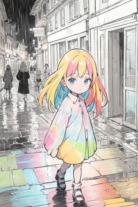 (people is brightly full colored drawing:1.5), (background is monochrome sketch drawing:1.2),
Wet night, blond girl in heartwarming old town, (wearing bright colors clothes),
The road is like a mirror and has brightly colorful specular reflections, heavy rain,
masterpiece, best quality,
crisp image, sharp image, clear image,
extremely detailed background,