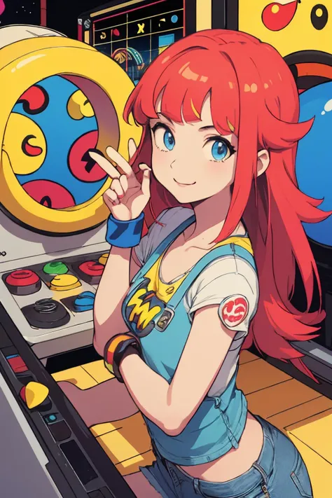 female gamer poses at retro arcade, wristbands,
masterpiece, best quality, (pacman-namco:1.3), retro style,