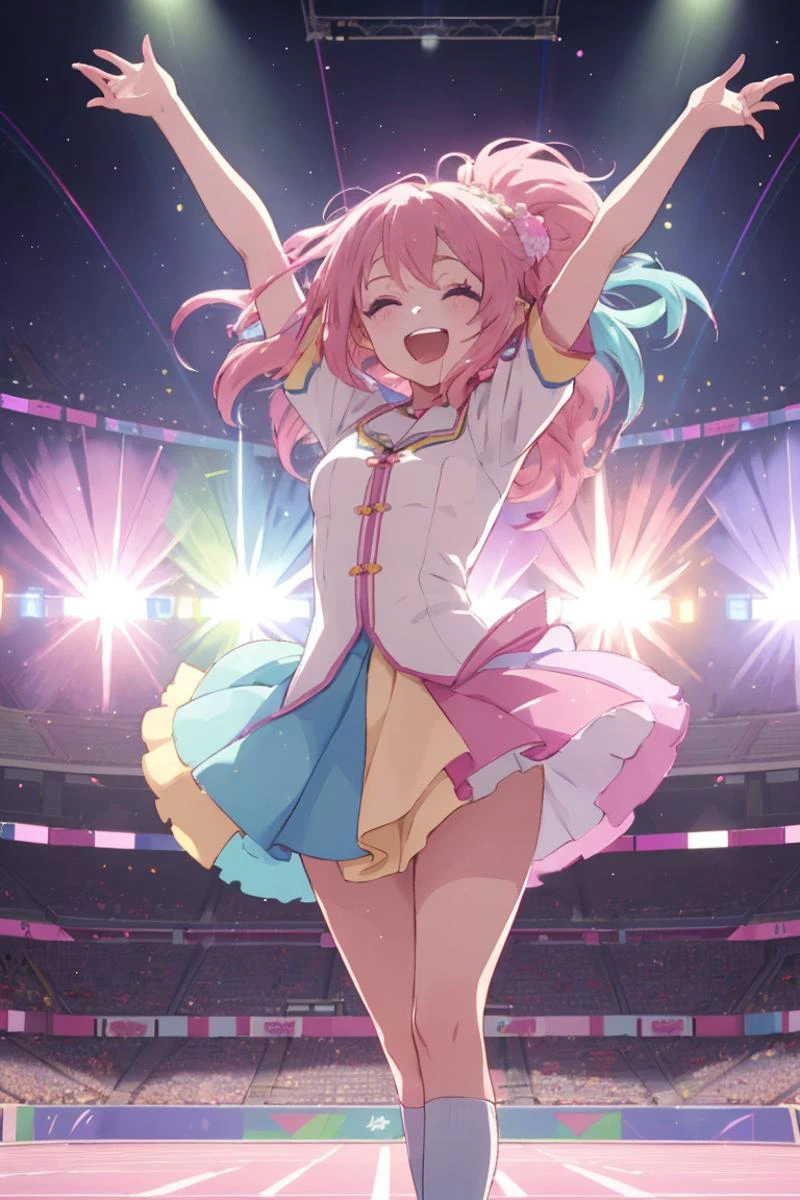 anime idol group, wearing rainbow color uniform,
(pink hair 1girl are holding mic and singing a song in stadium, she is happily dancing and singing),
(girls are singing around her),
daytime, sunshine,
(dynamic effects:1.3), (motion effects:1.3), dynamic hair,
masterpiece, crisp image,
finely detailed body, finely detailed hair, finely detailed face, finely detailed eyes,
highly detailed background