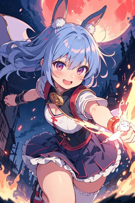 kawaii chibi cutie bunny,
magical fighter with big smile, tomboyish,
fighting with ancient evil dragon,
magic dancing in fire wave,
in ancient city of unknown high-tech civilization,
realistic scary evil dragon, epic landscape, night lights, red moon, castle, towers,
(masterpiece), (best quality), (extremely detailed), (vivid colorful image),
crisp image, sharp image, clear image, vivid image, noiseless image,
finely detailed body, detailed face, detailed hair, detailed eyes,
extreme detailed background,
